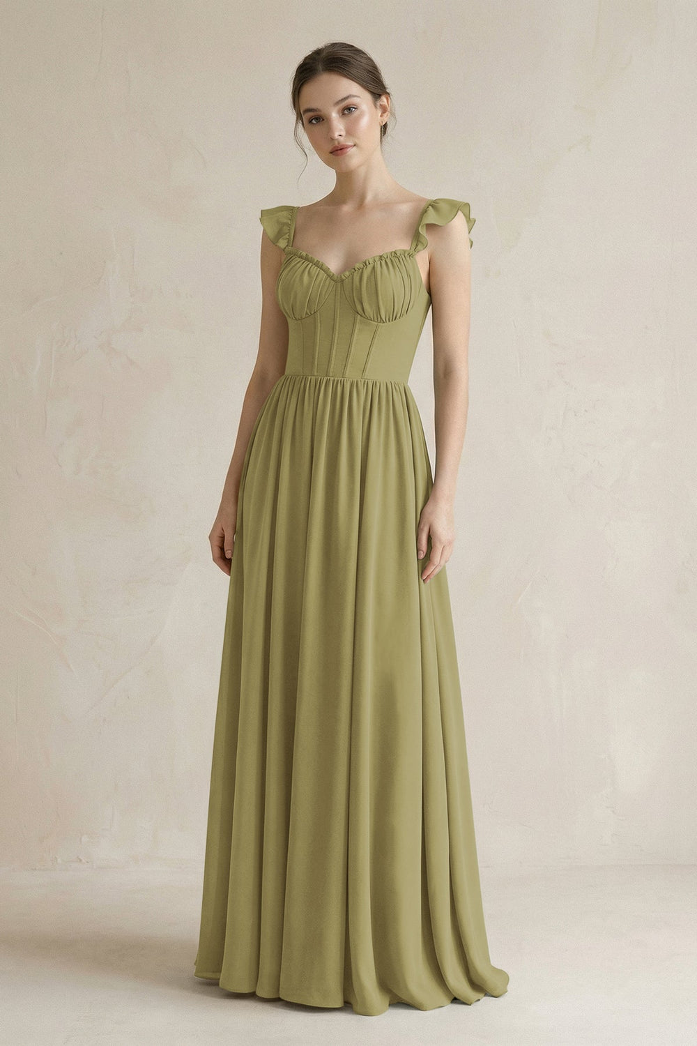 Sweetheart Chiffon Ruffled A-Line Corset Bridesmaid Dress in Moss Green