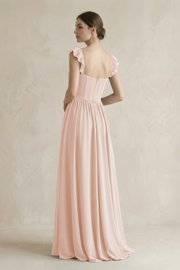 Sweetheart Chiffon Ruffled A - Line Corset Bridesmaid Dress in Pale Blush - KISS BRIDAL Bridesmaid Dresses
