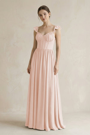 Sweetheart Chiffon Ruffled A - Line Corset Bridesmaid Dress in Pale Blush - KISS BRIDAL Bridesmaid Dresses