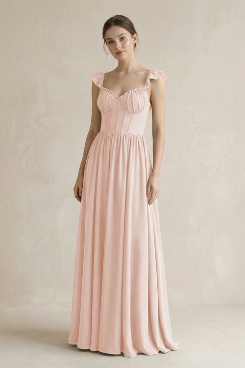 Sweetheart Chiffon Ruffled A - Line Corset Bridesmaid Dress in Pale Blush - KISS BRIDAL Bridesmaid Dresses