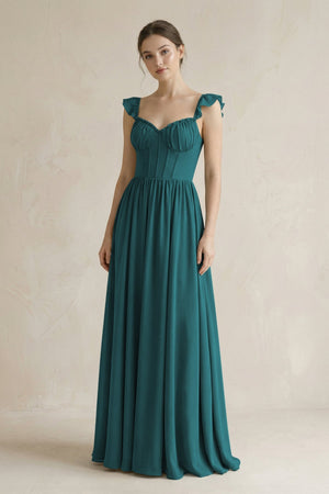Sweetheart Chiffon Ruffled A - Line Corset Bridesmaid Dress in Pine - KISS BRIDAL Bridesmaid Dresses