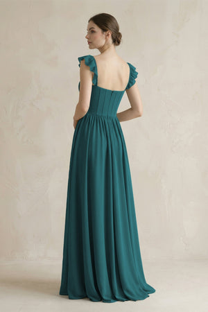 Sweetheart Chiffon Ruffled A - Line Corset Bridesmaid Dress in Pine - KISS BRIDAL Bridesmaid Dresses