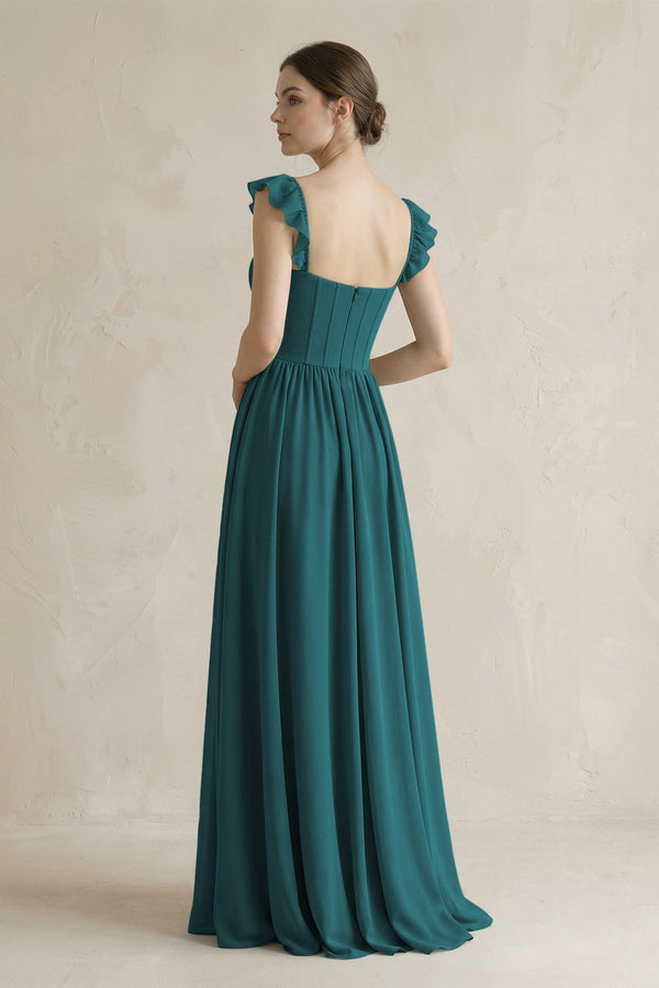 Sweetheart Chiffon Ruffled A - Line Corset Bridesmaid Dress in Pine - KISS BRIDAL Bridesmaid Dresses