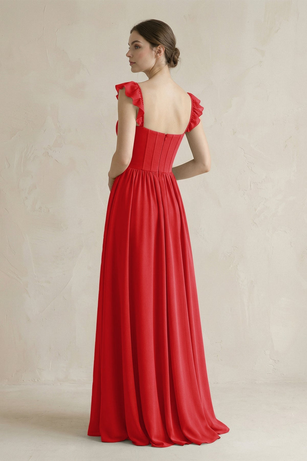 Sweetheart Chiffon Ruffled A-Line Corset Bridesmaid Dress in Ruby Red