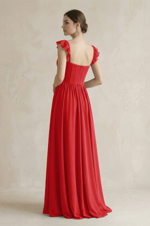 Sweetheart Chiffon Ruffled A - Line Corset Bridesmaid Dress in Ruby Red - KISS BRIDAL Bridesmaid Dresses
