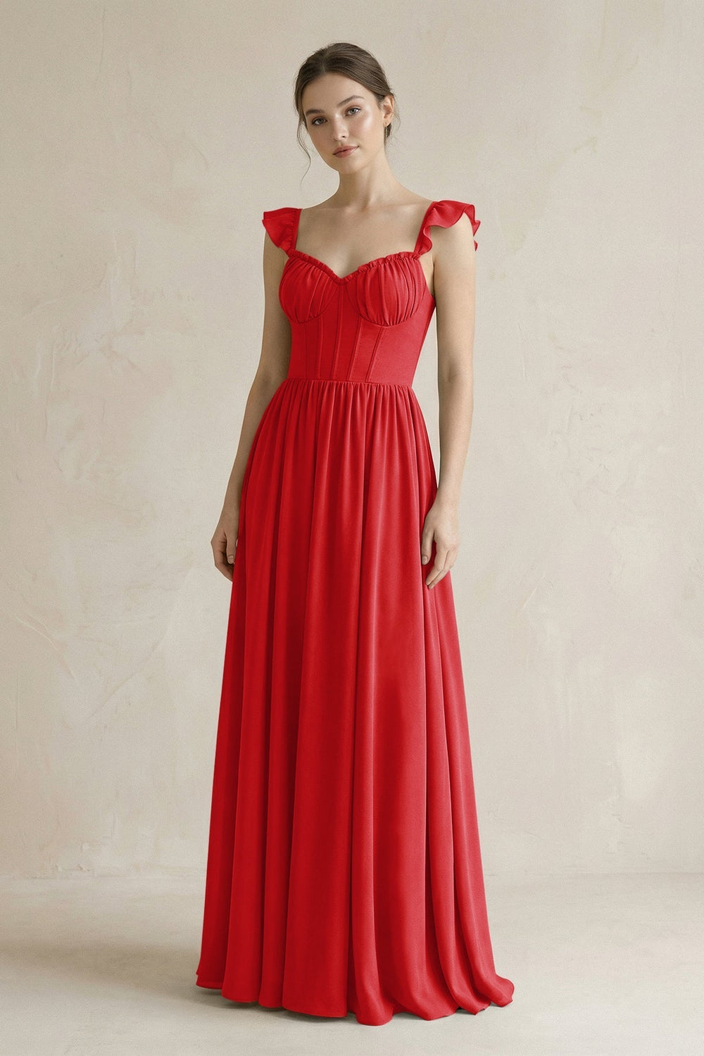 Sweetheart Chiffon Ruffled A-Line Corset Bridesmaid Dress in Ruby Red