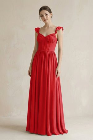 Sweetheart Chiffon Ruffled A - Line Corset Bridesmaid Dress in Ruby Red - KISS BRIDAL Bridesmaid Dresses