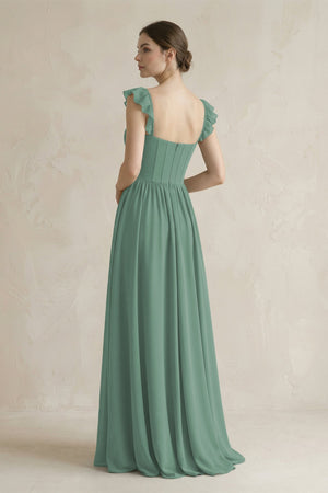 Sweetheart Chiffon Ruffled A-Line Corset Bridesmaid Dress in Sea Glass (2) | KISSBRIDAL