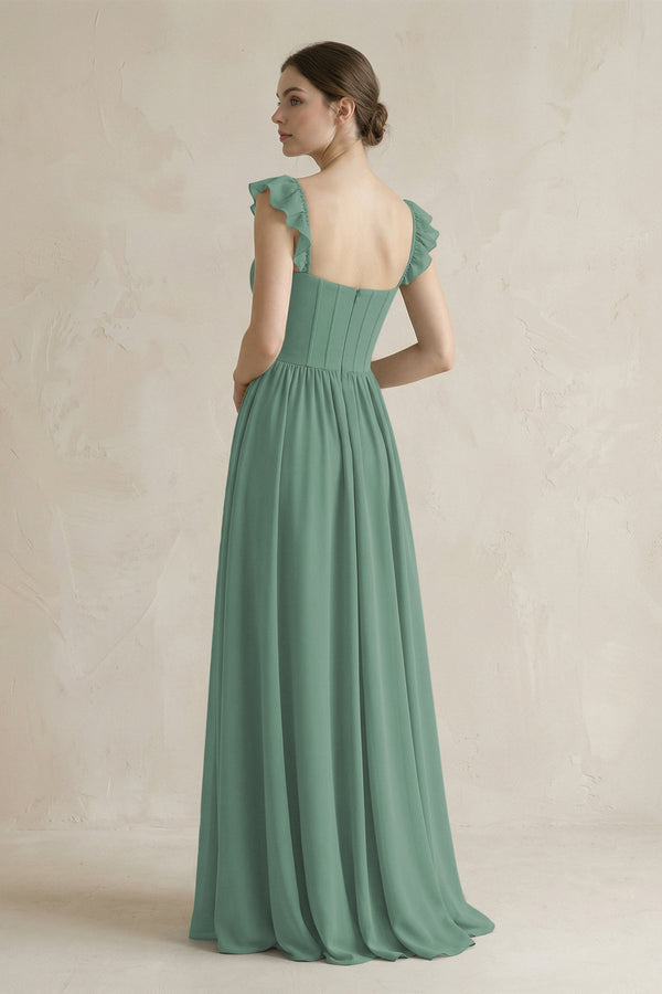 Sweetheart Chiffon Ruffled A-Line Corset Bridesmaid Dress in Sea Glass (2) | KISSBRIDAL