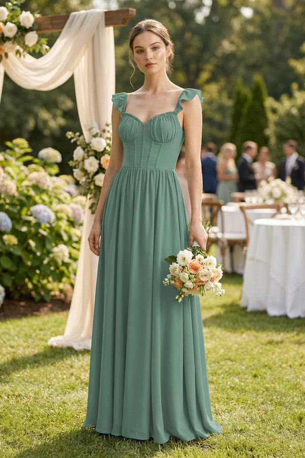 Sweetheart Chiffon Ruffled A-Line Corset Bridesmaid Dress in Sea Glass (4) | KISSBRIDAL