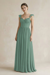 Sweetheart Chiffon Ruffled A-Line Corset Bridesmaid Dress in Sea Glass | KISSBRIDAL