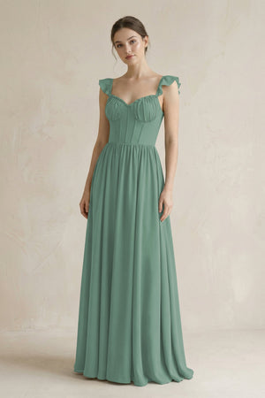 Sweetheart Chiffon Ruffled A-Line Corset Bridesmaid Dress in Sea Glass | KISSBRIDAL
