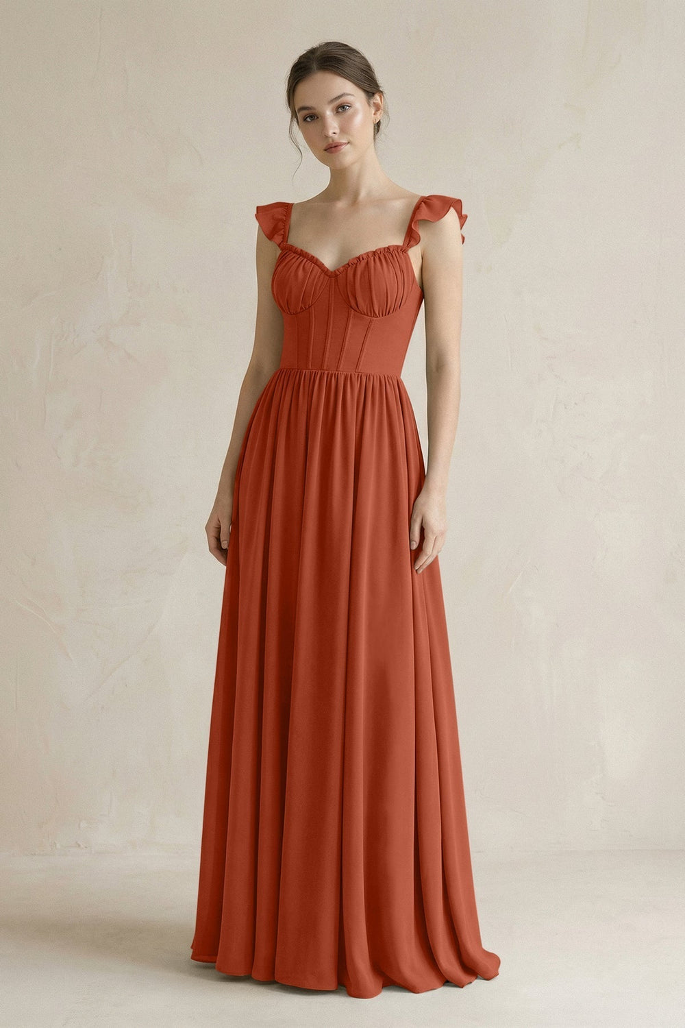 Sweetheart Chiffon Ruffled A-Line Corset Bridesmaid Dress in Spice