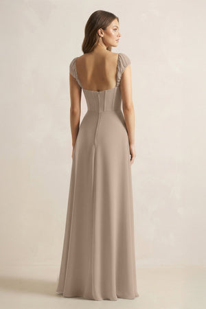 Sweetheart Corset A-Line Chiffon Bridesmaid Dress in Almond (2) | KISSBRIDAL