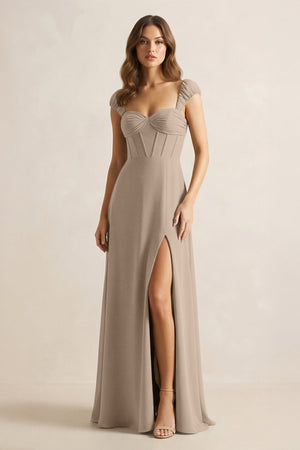 Sweetheart Corset A-Line Chiffon Bridesmaid Dress in Almond | KISSBRIDAL