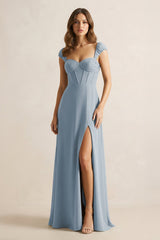 Sweetheart Corset A-Line Chiffon Bridesmaid Dress in Dusty Blue | KISSBRIDAL