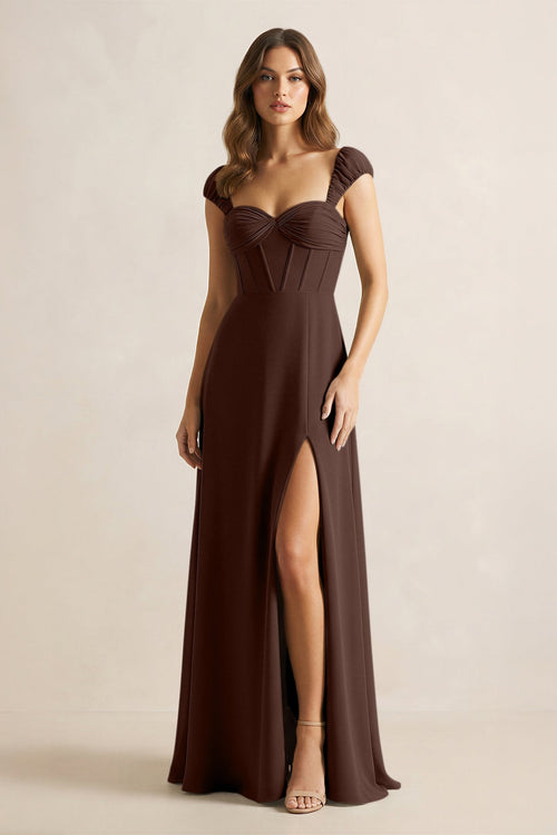 Sweetheart Corset A - Line Chiffon Bridesmaid Dress in Espresso - KISS BRIDAL Bridesmaid Dresses