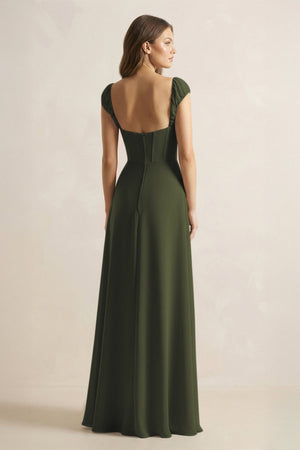 Sweetheart Corset A-Line Chiffon Bridesmaid Dress in Olive (2) | KISSBRIDAL