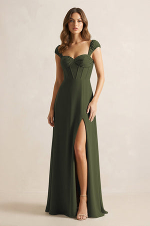 Sweetheart Corset A-Line Chiffon Bridesmaid Dress in Olive | KISSBRIDAL