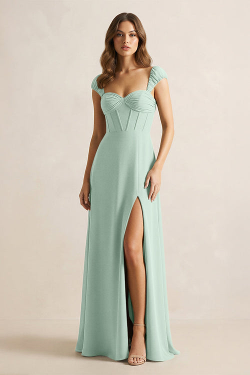 Sweetheart Corset A-Line Chiffon Bridesmaid Dress in Sage | KISSBRIDAL