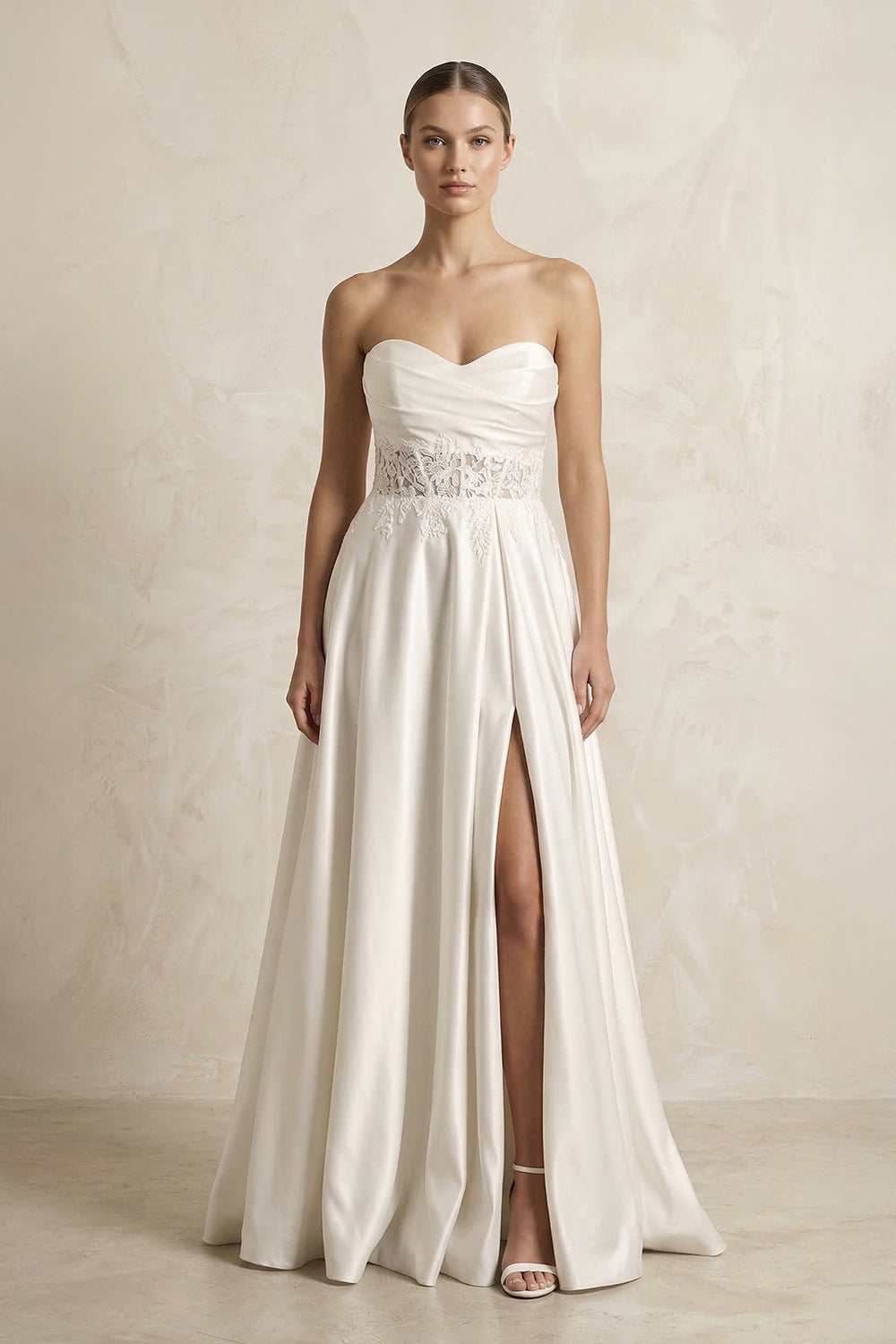 Sweetheart Corset Lace A-Line Satin Wedding Dress With Slit in White