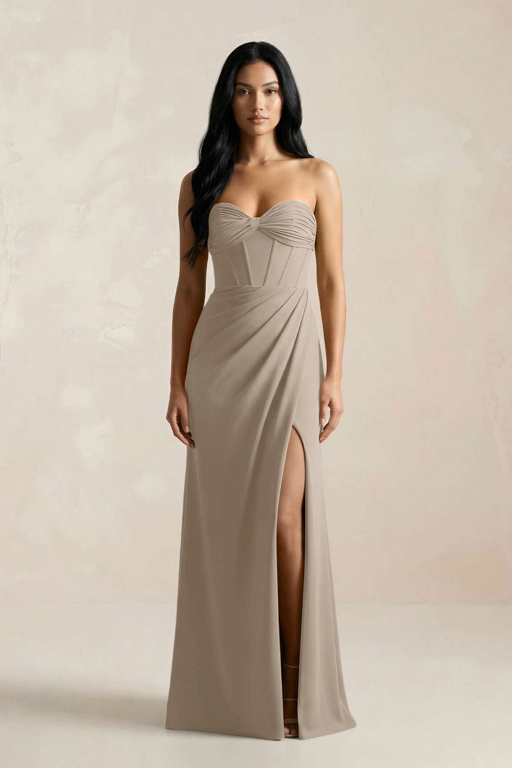 Sweetheart Corset Ruched Bridesmaid Dress in Almond