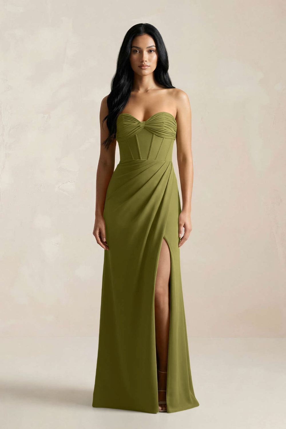 Sweetheart Corset Ruched Bridesmaid Dress in Moss Green