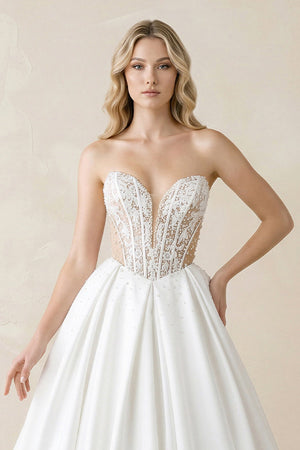 Sweetheart Corset Satin Ball Gown Wedding Dress in White - KISS BRIDAL Wedding Dresses