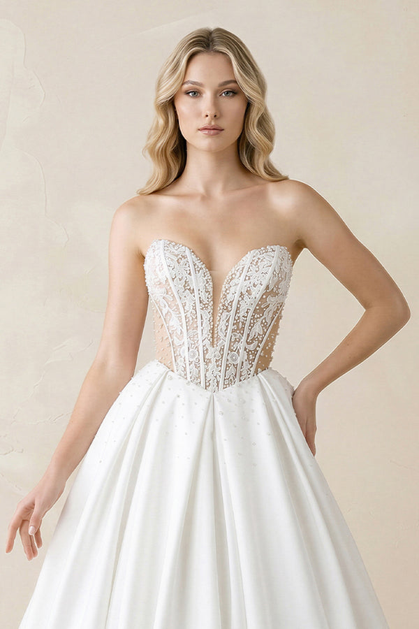 Sweetheart Corset Satin Ball Gown Wedding Dress in White - KISS BRIDAL Wedding Dresses