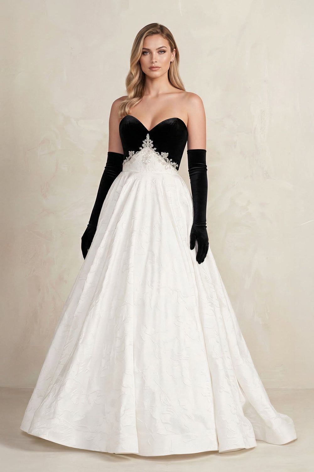 Sweetheart Jacquard Ball Gown Wedding Dress with Sleeves in Black and White