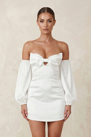 Sweetheart Keyhole Satin Sheath Mini Wedding Dress With Sleeves in White - KISS BRIDAL Wedding Dresses