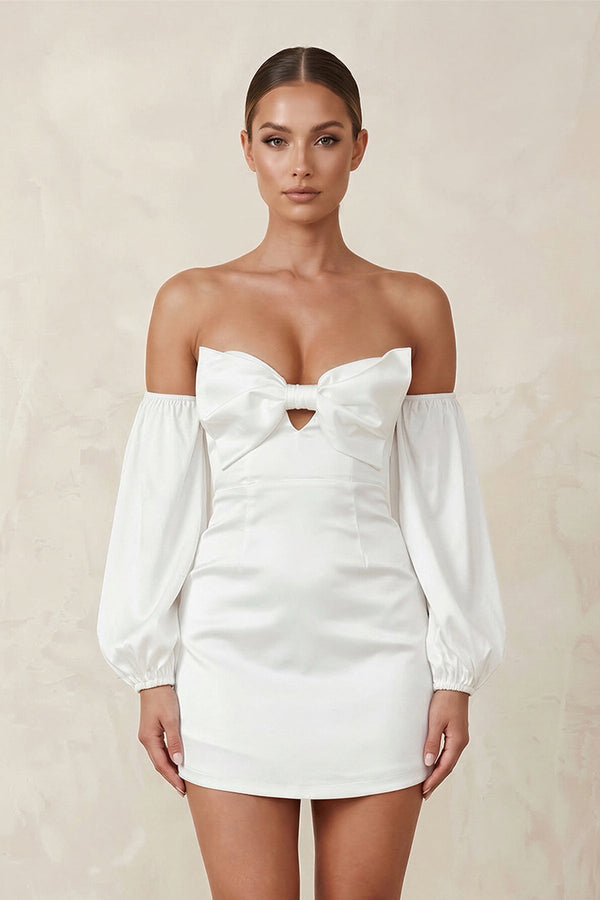 Sweetheart Keyhole Satin Sheath Mini Wedding Dress With Sleeves in White - KISS BRIDAL Wedding Dresses