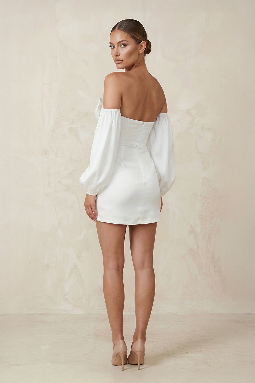 Sweetheart Keyhole Satin Sheath Mini Wedding Dress With Sleeves in White