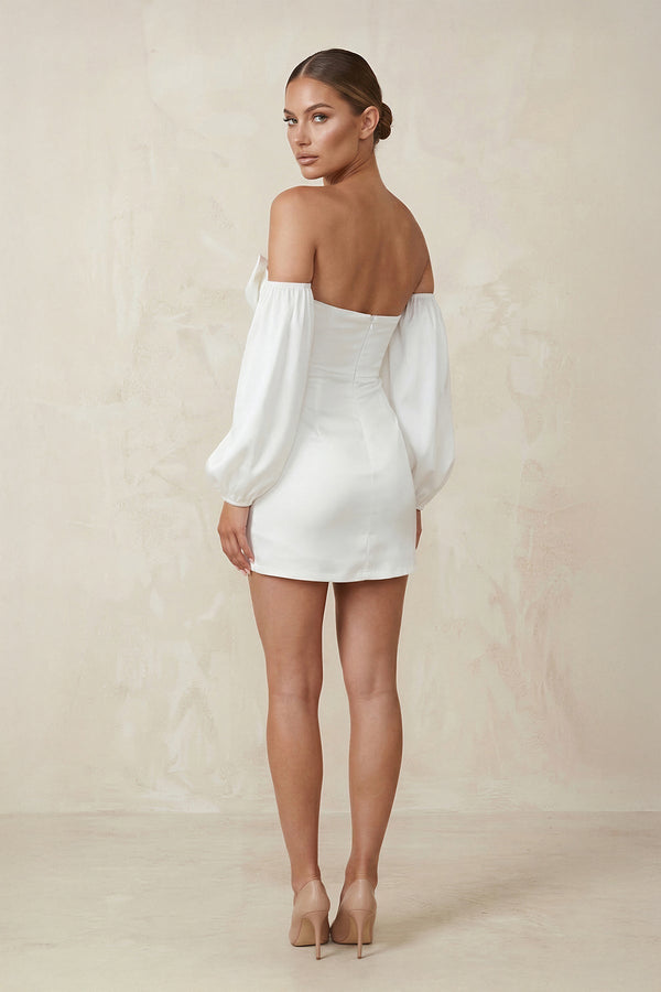 Sweetheart Keyhole Satin Sheath Mini Wedding Dress With Sleeves in White - KISS BRIDAL Wedding Dresses