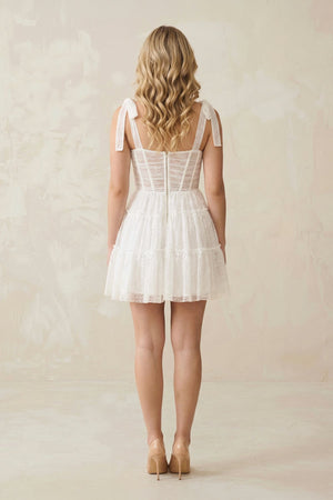 Sweetheart Lace Ruched Mini Wedding Dress With Bow in White - KISS BRIDAL Wedding Dresses
