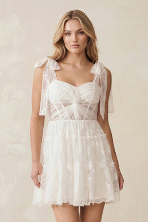 Sweetheart Lace Ruched Mini Wedding Dress With Bow in White - KISS BRIDAL Wedding Dresses