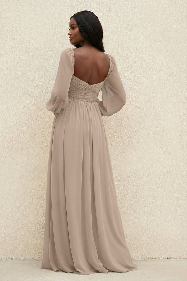 Sweetheart Long Sleeve A-Line Bridesmaid Dress in Almond (2) | KISSBRIDAL