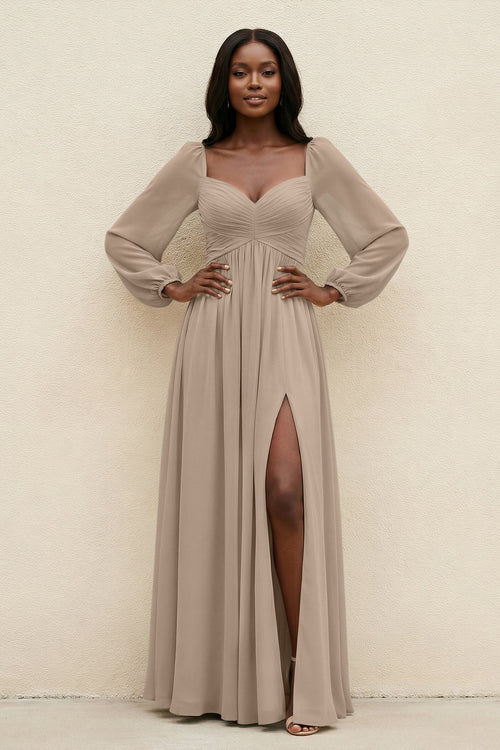 Sweetheart Long Sleeve A-Line Bridesmaid Dress in Almond | KISSBRIDAL