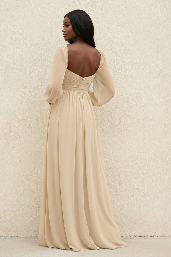 Sweetheart Long Sleeve A-Line Bridesmaid Dress in Champagne (2) | KISSBRIDAL