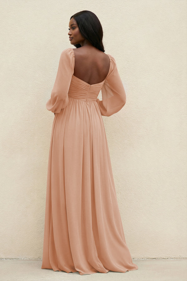 Sweetheart Long Sleeve A - Line Bridesmaid Dress in Champagne Rose - KISS BRIDAL Bridesmaid Dresses