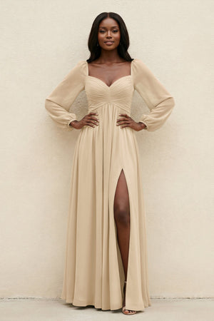 Sweetheart Long Sleeve A-Line Bridesmaid Dress in Champagne | KISSBRIDAL