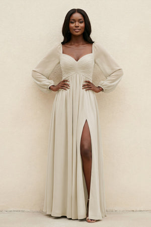 Sweetheart Long Sleeve A - Line Bridesmaid Dress in Dove Gray - KISS BRIDAL Bridesmaid Dresses