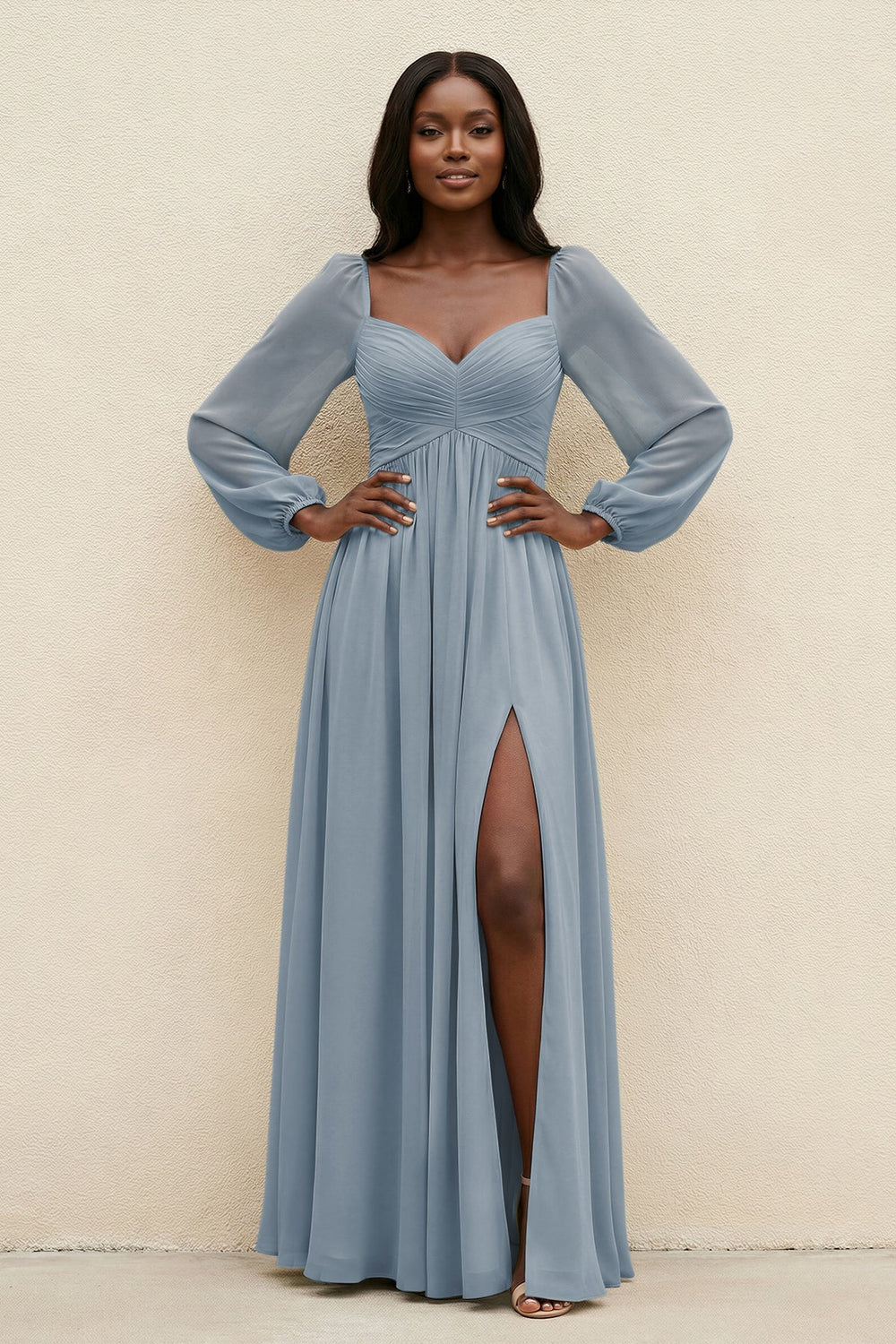 Sweetheart Long Sleeve A-Line Bridesmaid Dress in Dusty Blue