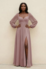 Sweetheart Long Sleeve A-Line Bridesmaid Dress in Dusty Rose | KISSBRIDAL
