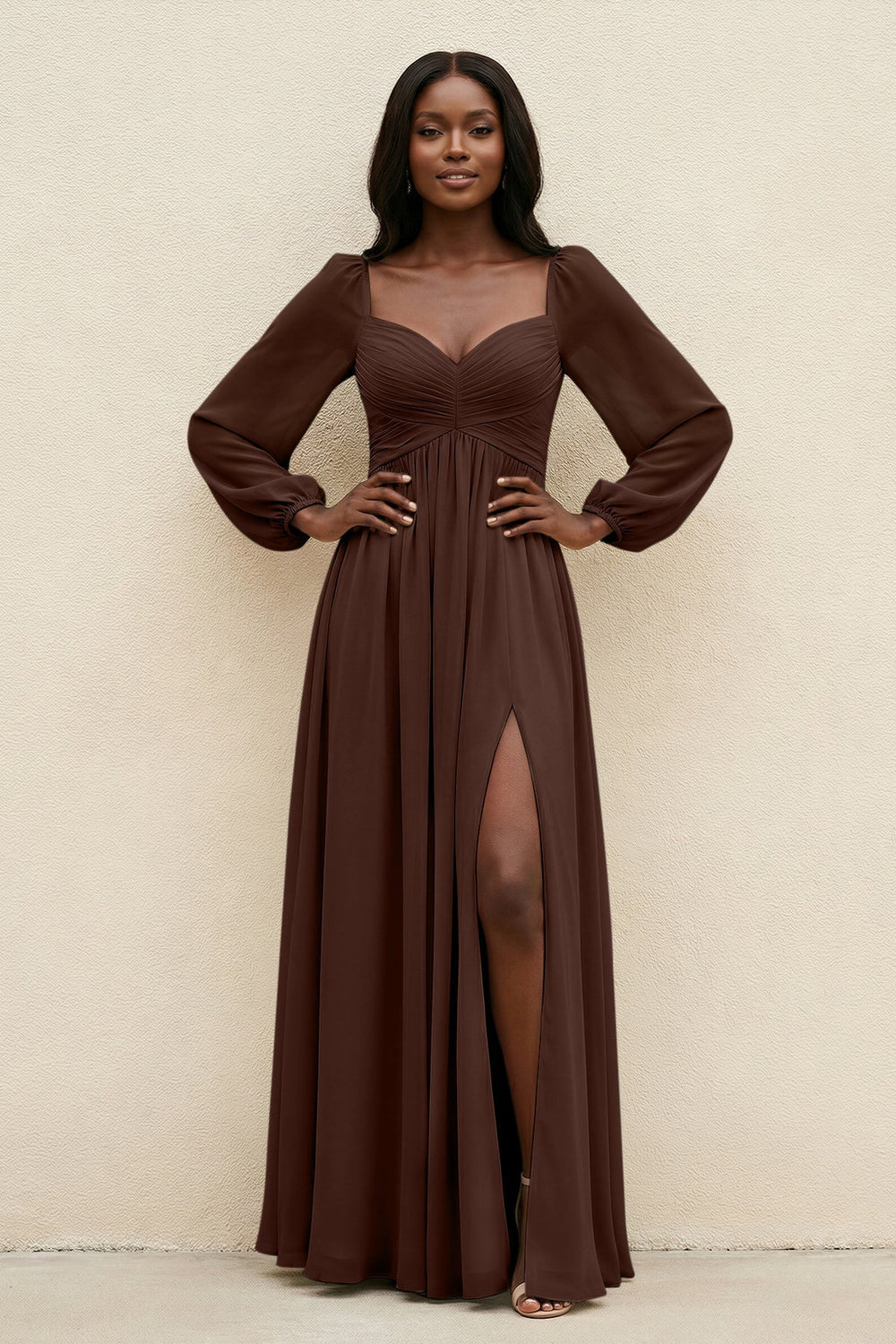 Sweetheart Long Sleeve A-Line Bridesmaid Dress in Espresso