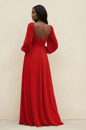 Sweetheart Long Sleeve A - Line Bridesmaid Dress in Ruby Red - KISS BRIDAL Bridesmaid Dresses