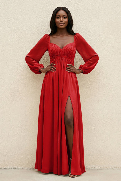 Sweetheart Long Sleeve A - Line Bridesmaid Dress in Ruby Red - KISS BRIDAL Bridesmaid Dresses