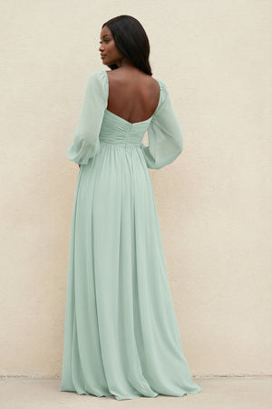 Sweetheart Long Sleeve A-Line Bridesmaid Dress in Sage (2) | KISSBRIDAL