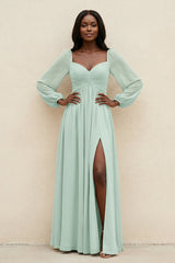 Sweetheart Long Sleeve A-Line Bridesmaid Dress in Sage | KISSBRIDAL