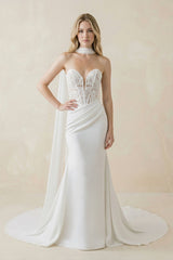 Sweetheart Mermaid Corset Lace Satin Wedding Dress With Scarf in White - KISS BRIDAL Wedding Dresses
